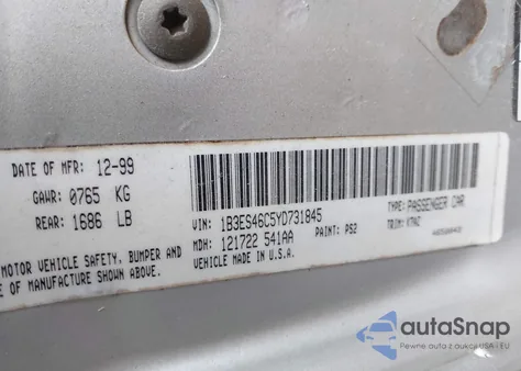 2000 Dodge Neon Highline from USA, damaged, VIN 1B3ES46C5YD731845